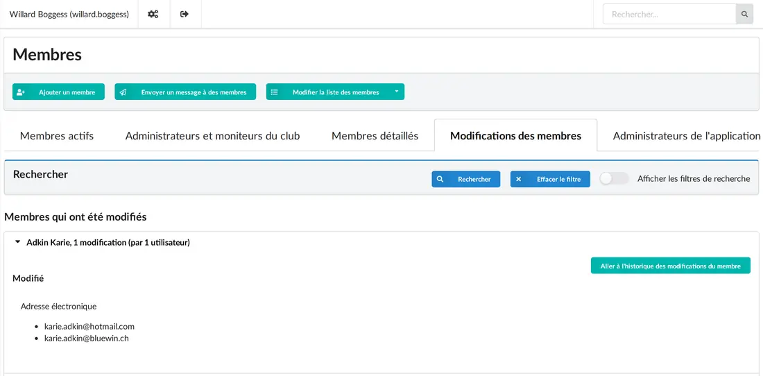 La liste des modifications de membres depuis une date choisie